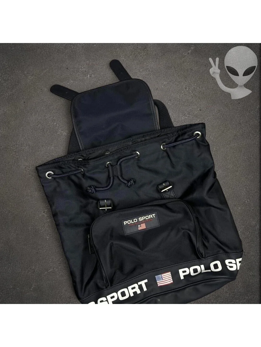 Vintage Polo Sport Ralph Lauren Black Nylon Drawstring Backpack Bag 90s